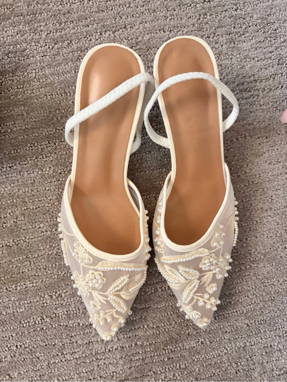 Beaded Ivory Pointed-Toe Slingback Flats